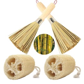 4pcs Wok Brush,tawashi Brush Include 2 Traditional Natural Bamboo Brush,Bamboo Brush, 2 Natural loofah sponges for dishwashing, Fruit Exfoliation, and Body scrubbing