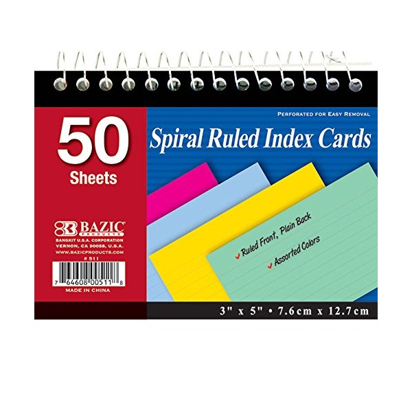 BAZIC 50 Ct. Spiral Bound 3" X 5" Ruled Colored Index Card, Case of 36