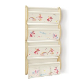 wooshwa Wooden Wall Mounted Bookshelf for Kids Rooms, 4 Tier Floating Nursery Book Shelf, Kids Bookshelf with 2 Pockets, Toddler Sling Book Rack with Deep Sleeves (Unicorn)