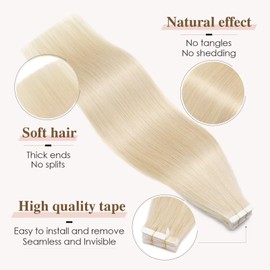 TESS Real Hair Extensions Tape 60 cm, Up to Bottom Length 2.5 g/pc Tape Extensions Real Hair Skin Weft 10 Pieces 25 g Straight Hair Extensions Real Hair #60 White Blonde