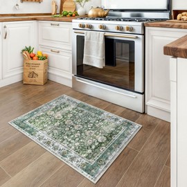 KUTA Vintage Floral Green Entryway Rug 2x3, Kitchen Rugs Non-Slip Washable Throw Rug, Ultra Thin Soft Print Front Door Mat Indoor Doormat for Entrance, Bedside, or Small Spaces