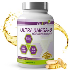 Vita2You Ultra Omega 3 Capsules 2000mg TG Form - 1000mg EPA & 500mg DHA per 2 Capsules - 120 Soft Gel Capsules - Fish Oil - High Dose - Premium Quality