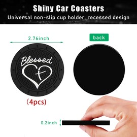 4PCS Car Cup Holder Coaster, Non-Slip PVC Insert Cup Coaster, 2.76 Inch Blessed Cross and Heart Christian Auto Drink Cup Mat, Universal Interior Accessories for Women Girls (Black)