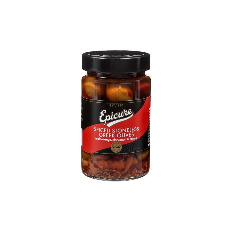 Epicure Spiced Stoneless Greek Olives, 310 g (Pack of 1)
