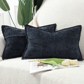 Madizz Set of 2 Chenille Decorative Cushion Covers, Soft Neutral Throw Cushions for Sofa, Boho Accent Decorative Cushion Covers for Bedroom, Living Room, Modern Home Decor, Dark Blue, 30 x 50 cm