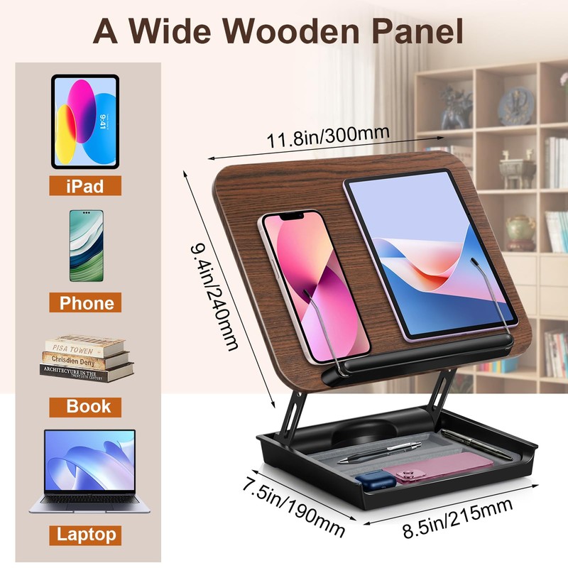 Book Stand for Reading, Wooden Cookbook Stand with Storage