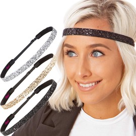 Hipsy Women's Adjustable Fashion Headbands Bling Glitter Skinny Sets (Skinny Black/Silver/Gold)