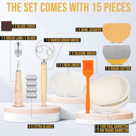 Complete Sourdough Bread Proofing Set–Premium 9” Round and 10” Oval Banneton Baskets with Linen Liners, Danish Whisk, Scraper, Cutter, Silicone Brush and Bread Lame for Artisan Baking and Fermentation