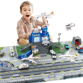 deAO City Airport Toys, Airport Terminal Building, Radar Tower, 9 Modes of Transport: Luggage Cart, Police Vehicles, Airplane, Road Block, Ground Staff, for Children 5-12