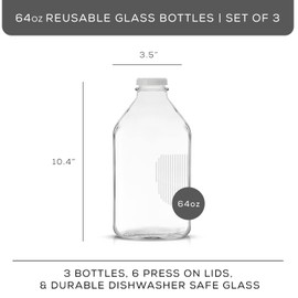 JoyJolt Glass Milk Bottles with Lids and Pourer – 64 Oz, 3 Pack Airtight Heavy Duty Reusable Glass Bottles, Leakproof, BPA-Free, Food Grade, Dishwasher Safe Jug, Pitcher for Milk, Juice, and Water