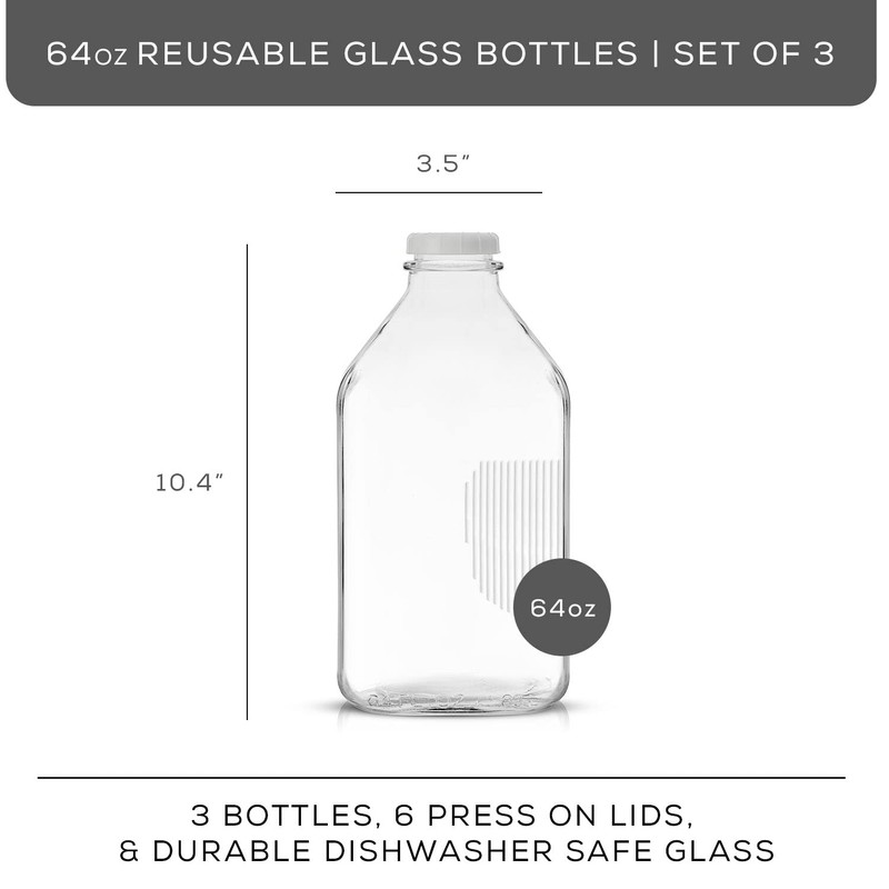 JoyJolt Glass Milk Bottles with Lids and Pourer – 64