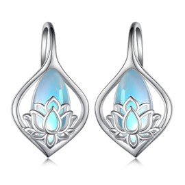 Moonstone Lotus Earrings for Women 925 Sterling Silver Lotus Flower Moonstone Leverback Earrings Yoga Lotus Jewelry Gifts for Women Mom Wife