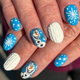 Christmas Press on Nails Blue Short Almond Fake Nails with Design Snowman Glue on Nails White Snowflake Stick on Nails Glossy Reusable Winter Xmas False Nails for Women Girls Manicure 24pcs