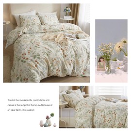 VClife Soft Cotton Cream Duvet Cover Queen Green Pumpkin Floral Leaf Printed Bedding Duvet Cover with Zipper Closure Breathable Wrinkle Resistant Vintage Style Duvet Cover Sets for Girls Woman