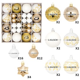 44Pcs Christmas Ball Ornaments Set,Shatterproof Christams Tree Decorations Hanging Ornament Balls for Xmas Holiday Party Decor (White & Gold)