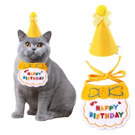 Dog Birthday Bandana and Hat Set, Puppy Birthday Party Supply Dog Bandana Puppy Birthday Hat Scarf for Dog Birthday, Pet Party Celebrate（Yellow）