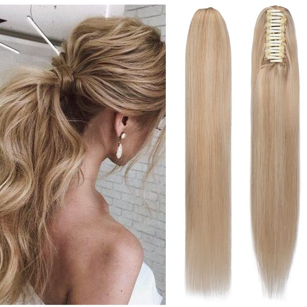 Rich Choices Claw Clip Ponytail Extension Human Hair Real Hair Ponytail Balayage Ash Blonde Highlighted Bleach Blonde 18 Inch 115g One Piece Clip In Long Ponytail Hair Extension For Women #18P613