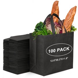 JERIA 100 Pack Black Reusable Totes Bag with Reinforced Handles Non Woven Bulk Shopping Bags