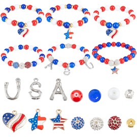 SUNNYCLUE 180Pcs DIY 6 Sets USA Bracelets American Flag Charms Beading Bracelet Making Kit 10mm Red Blue White Beads 4th of July Independence Day Rhinestone Patriotic Charms for Jewelry Making Kits
