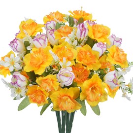 HUAESIN 4 Bundles Artificial Flowers Spring Faux Tulip Bouquets with Lavender for Vase Summer Fake Floral Silk Flower Arrangement for Home Kitchen Table Centerpieces Cemetery Grave Outdoor