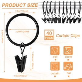 Gerhannery 40 Pack Curtain Rings with Clips, Black Curtain Clips with Rings Strong Curtain Clips Metal Decorative Drapery Window Curtain Rings and Hooks Fit Up To 1 inch Drapery Rod