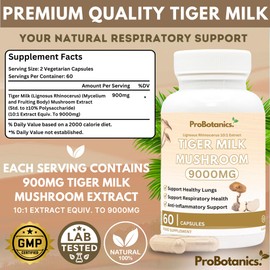ProBotanics Organic Tiger Milk Mushroom for Lungs | Lignosus Rhinocerus 900mg Per Serving (10:1 Extract Equiv. to 9000mg) Potent Mushroom Supplement | Supports Lung Cleanse & Respiratory Health - 60 Capsules