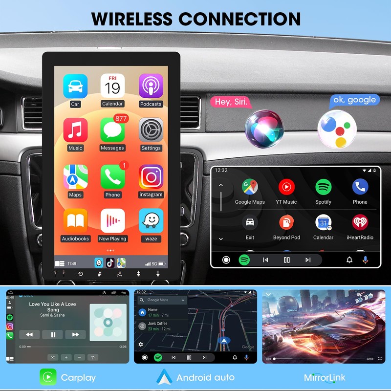 Single Din Wireless CarPlay Stereo - 10.1 Inch Rotatable Wireless