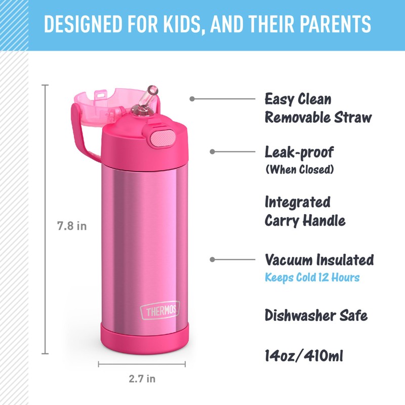THERMOS FUNTAINER 14 Ounce Stainless Steel Vacuum Insulated Bottle, Pink