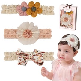 3 Piezas Diademas para Bebe Niña Recién Nacido | Diademas con Flores y Lazos | Bandas Elásticas para Cabello de Bebé 0-3 Meses | Accesorios Regalo Baby Shower