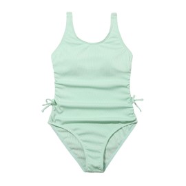 OYOANGLE Girl's Cute Spaghetti Straps Round Neck Drawstring One Piece Swimwear Tie Bathing Suit Mint Green 160