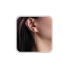 Boho Wedding Enamel Daisy Tiny Flower Threader Earrings Silver Small Floral Stud Pull Through Earrings Thread Long Chain Tassel Dangle Dainty Line Bar Drop Simple Delicate Minimalist Jewelry Women