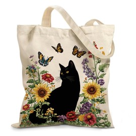 Black Cat Canvas Tote Bag - Vintage Flora & Cute Cat Print Canvas Bag with Magnetic Snap Closure & Zipper Inner Pocket, Aesthetic Reusable Shopping Bag (Gifts for Cat Lovers, Women Birthday Present)