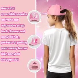 BROMZ Girls Glitter Sequins Baseball Cap Kids Ponytail Hat Adjustable Summer Mesh Trucker Hats for 4-12 Years Pink