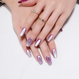 Summer Press On Nails Short Ballerina, Cat Eye Press On Nails, Translucent Candy Purple Magnetic Nails, Ice Glossy Gel Fake Nails, Reusable Acrylic Stick On Nails for Women, Moonlit Amethyst