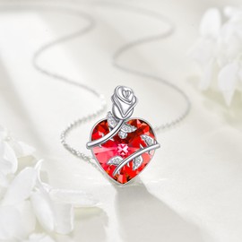 DAYLINLOVE Birthstone Necklace 925 Sterling Silver Rose Flower Heart Pendant Necklace Birthstone Jewellery with Crystal Gifts for Women Wife Mom Girlfriend (07-Jul - Ruby)