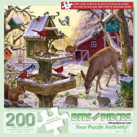 Bits and Pieces - 200 Piece Big Piece Jigsaw Puzzle for Seniors - 15" x 19" - Sunrise Feasting - 200 pc Winter Barn Deer Large Lettered Pieces Mental & Physical Dexterity Jigsaw by Liz Goodrick-Dillon