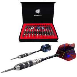 ADKX Juego de 12 Dardos de Punta de Acero con cañón de Hierro Antideslizante de Aluminio para Dardos y Plumas + sacapuntas de Dardos + una Caja de Regalo, Negro, Mediano