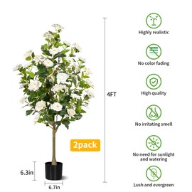 Hylmiip 4FT Artificial Camellia Tree 2 Pack, Artificial Plants Outdoor Faux Floral Plant in Cement Pot Fake Silk Camellia Tree Plants for Home House Living Room Office Decor