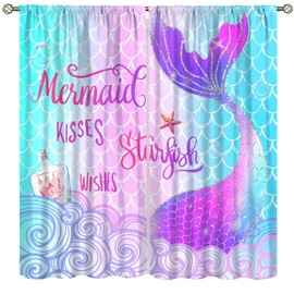 Cortinas de sirena, color verde de dibujos animados, lindo, acuarela, coral, subacuático, animal, sirena, decoración de princesa, tratamientos de ventanas, cortinas con aislamiento térmico para niños,