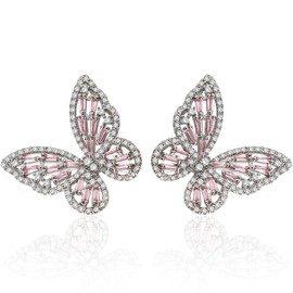 GELVTIC Butterfly Earrings for Women Gold Crystal Earrings Fashion Cubic Zirconia Sterling Silver Stud Earrings Hypoallergenic Drop Dangle Cute Earring for Lover Jewelry (8FBAEA95-Silver Pink)