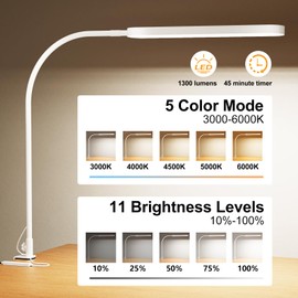 SKYLEO Led Desk Lamp - 33.5" Desk Light - Flexible Gooseneck - 5 Color Modes X 11 Brightness Levels - 1300LM - Timmer & Memory Function - 12W Clip on Light - White