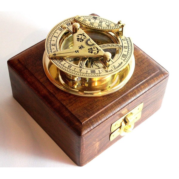 Brass Sundial Compass -Solid Brass Pocket Sundial - West London with Wooden Box Rustic Vintage Home Decor Gifts