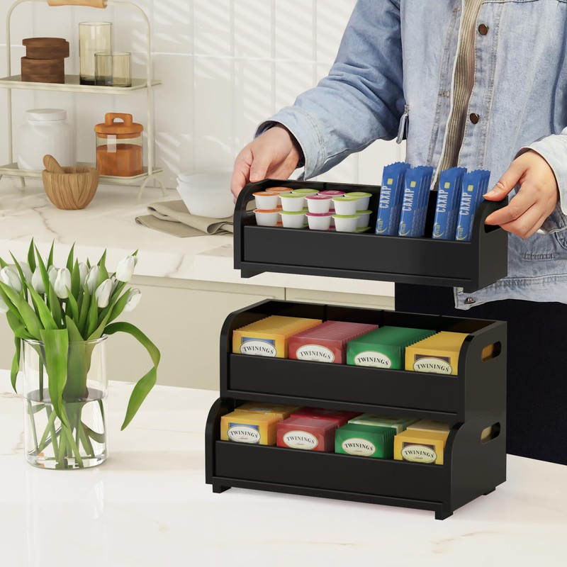 Tea Holder for Tea Bags Organizer - Black Bamboo Tea