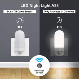 LED Plug in Night Light Dusk to Dawn Automatic Sensor Cool White A88 for Childrens Room