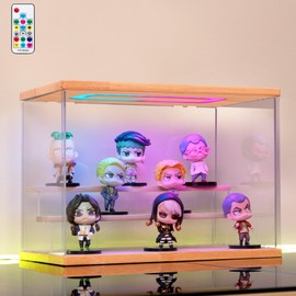 AZEYN Clear Acrylic Display Case with Light , 3 Tier Multiple Color Lights Display Box Stand Assembly Dustproof Protection Showcase for Collectibles Action Figures (Wood 12.6×7×9in)
