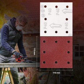 Sruhrak 110x115mm Sandpaper, 50 Pieces Sanding Sheets Hook and Loop Sanding Pads 40 Grits Rectangular Sander Paper Set for Bosch Electric Sander Polishing, Rust Removal