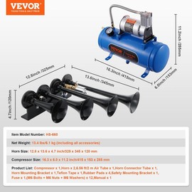 VEVOR Train Horns Kit, 4 Trumpet Air Horn Kit, 150dB Train Horns for Pickup Trucks, 12V 120 psi Air Compressor 0.8 Gal/3 L Tank with Gauge for Any 12V Vehicle Car Truck Train Van Boat Power Sound Accessory - Capacity: Train Horns + Tank Kit - 1.6 Gallon/
