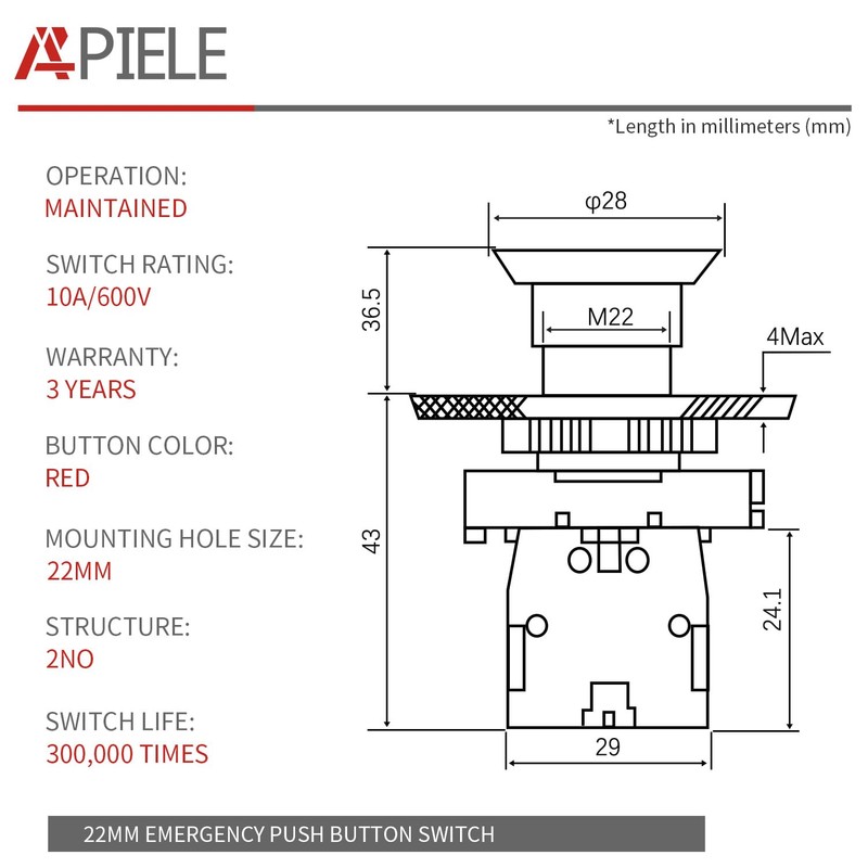 APIELE 22mm 2 NC Red Mushroom Emergency Stop Push Button