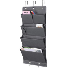 5 Pockets Over the Door Organizer and Storage Hanging with Hooks, Wall Mount Office Supplies File Folders Document Holder for Notebooks, Paper,Supplies, Closets, Families, Filing (Gray)