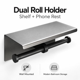 Double Roll Toilet Paper Holder with Shelf – Wall-Mounted Stainless Steel Bathroom Organizer with Phone Stand, Matte Black